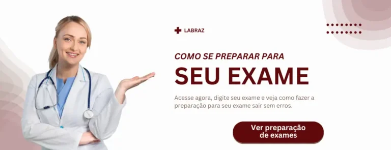 Banner com uma médica sorridente vestindo jaleco branco, acompanhada do texto 'Como se preparar para seu exame'. O banner pertence ao Labraz e incentiva o usuário a acessar a plataforma para saber como se preparar para seu exame sem erros, com um botão de chamada para ação 'Ver preparação de exames'.