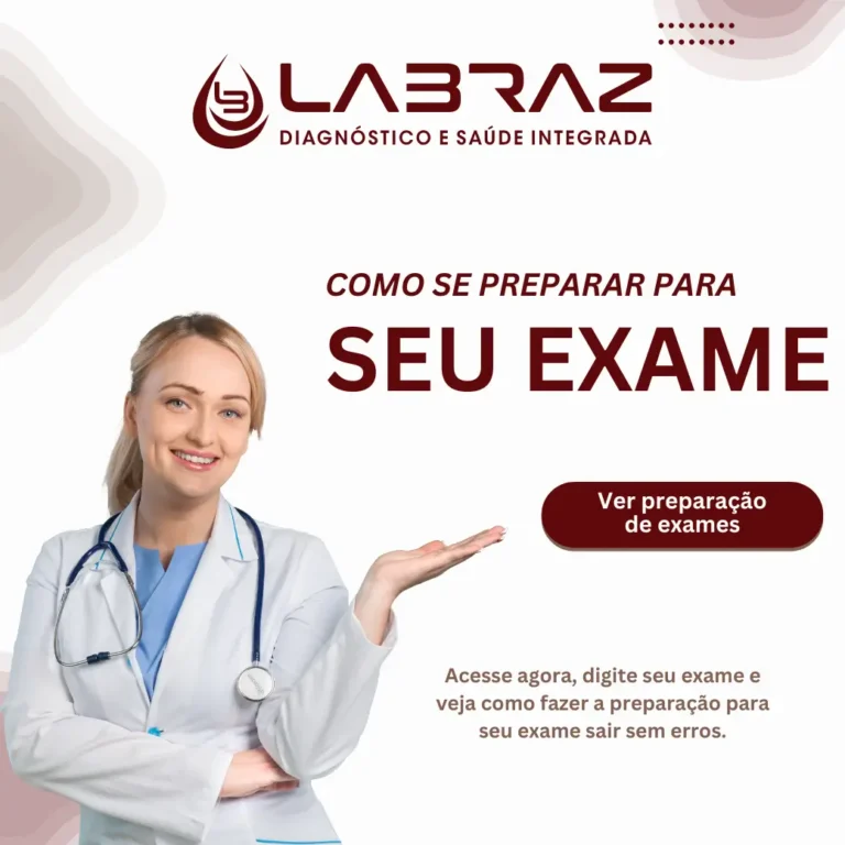 Banner da Labraz Diagnóstico e Saúde Integrada com uma médica sorridente vestindo jaleco branco. O texto diz: 'Como se preparar para seu exame'. O banner oferece um botão de chamada para ação 'Ver preparação de exames' e uma mensagem adicional incentivando o usuário a acessar para obter orientações de preparação para o exame sem erros.